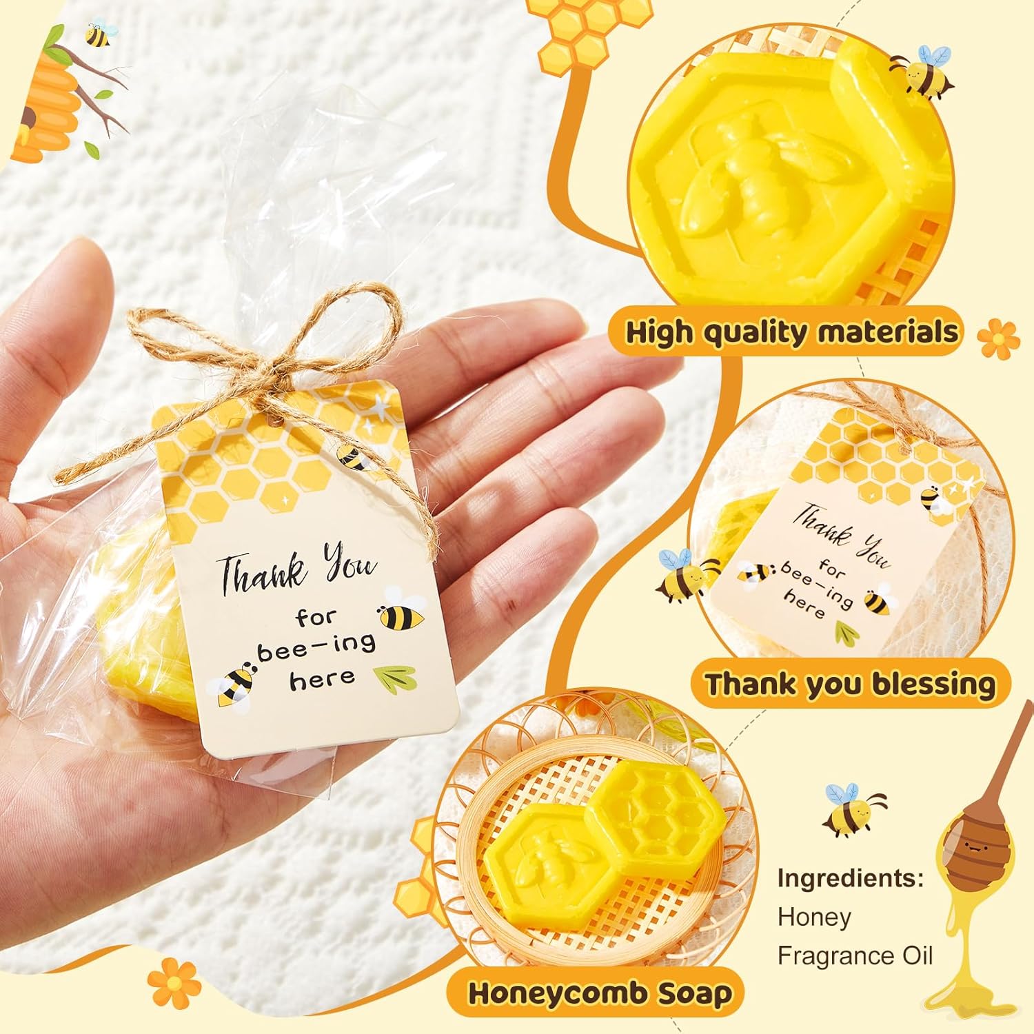 12 Set Baby Shower Favors Bee Party Favors Including Honeycomb Soap with Thank You Card Gift Honey Soap for Guest Gender Reveal Honey Gift Birthday Party Decorations (Yellow)