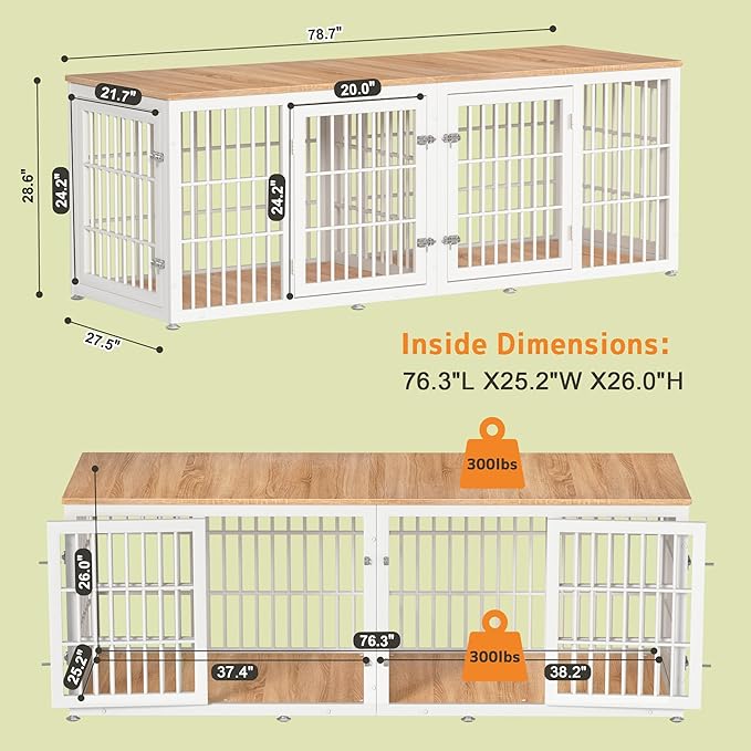 78 Inch Double Dog Crate Furniture, Heavy Duty Extra Large Cage Furniture with Divider for 2 Dogs, Decorative Wooden Kennel Furniture Indoor, Pet House for Large and Medium Dogs, White-PawvioPets