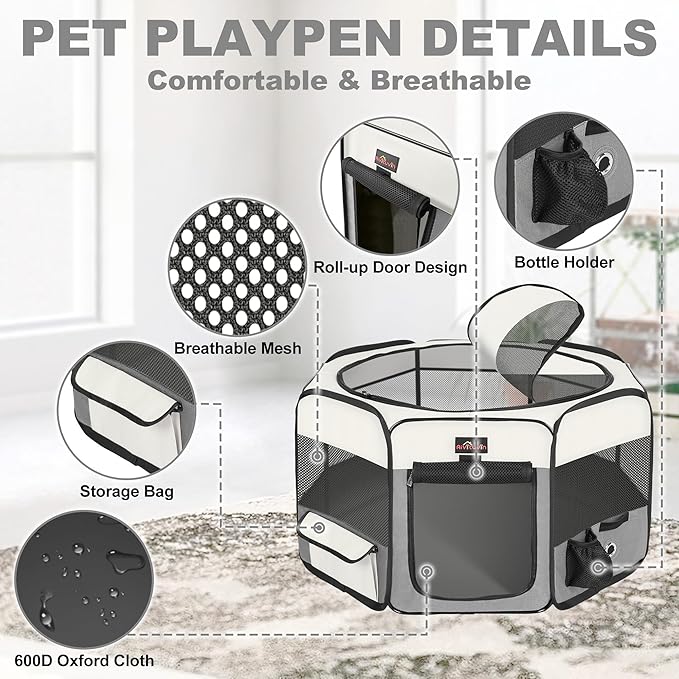 Aivituvin Dog Playpen Foldable Pet Play Pens with Carrying Bag for Cat, Puppies, Rabbits, Chickens, Durable Portable Pet Tent for Travel Camping Indoor/Outdoor Grey L-PawvioPets