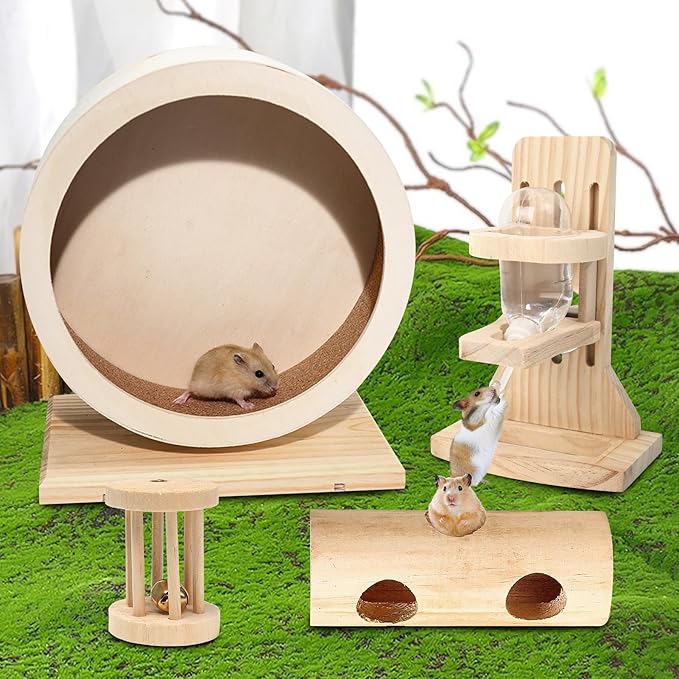 antiai 4 Pack Hamster Wheel Set,8.2Inch Medium Size Slience Quiet Spinner Hamster Running Wheels,Hamster Water Feeder Accessories Chew Toys for Guinea Pig,Gerbils,Mice and Other Small Pets Animal-PawvioPets