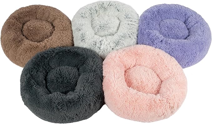 Best Pet Supplies Round Donut Dog Bed with Plush Faux Fur Fabric, Calming, Anti-Anxiety Cushion for Indoor Pets, Slip-Resistant Base, Soft Ergonomic Support - Gray, 30x30x8''-PawvioPets