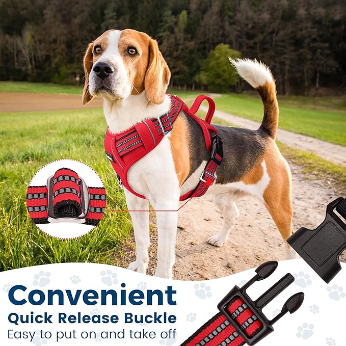 Funfox Dog Harness No Pull, Adjustable Pet Vest Harness, Super Soft Material with Vertical Handle Easy Control, Reflective Night Walking, 2 Leash Clips for Medium Sized Dogs, Red, M-PawvioPets