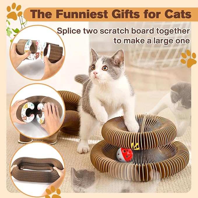2 PCS Magic Organ Cat Scratcher Board with 6 Balls, Foldable Recyclable Accordion Cats Toy with Ball and Track Adventure, Cat Scratching Pad, Retractable Reversible Furniture Protector(Brown)-PawvioPets