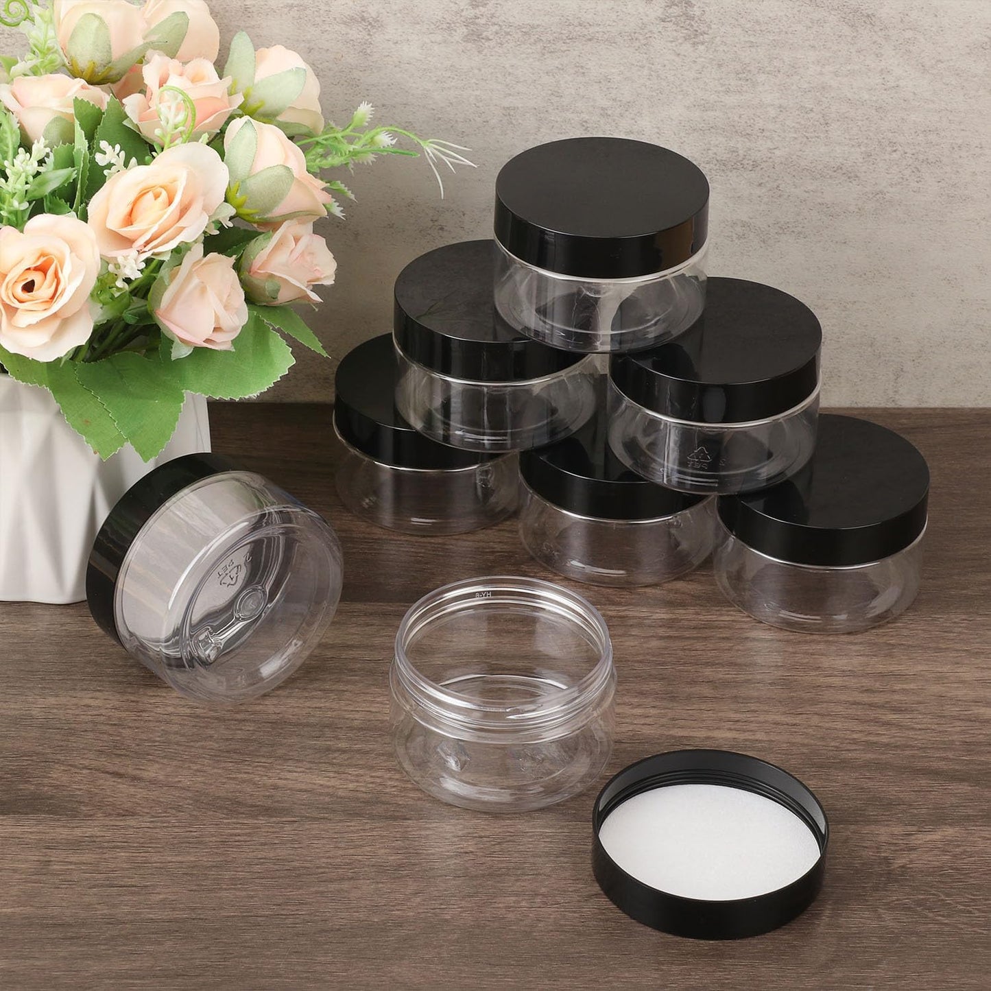 96 Packs 3.5 OZ Transparent Plastic Jars with black Lids, Body Butter Containers, Cosmetic Containers jars for Kitchen Ingredients, beads, sequins, Lotion, Cream, DIY Crafts and More by KUKLIPJIM.