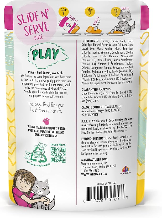 B.F.F. PLAY - Best Feline Friend Paté Lovers, Aw Yeah!, Chicken & Duck Destiny with Chicken & Lamb, 3oz Pouch (Pack of 12)-PawvioPets