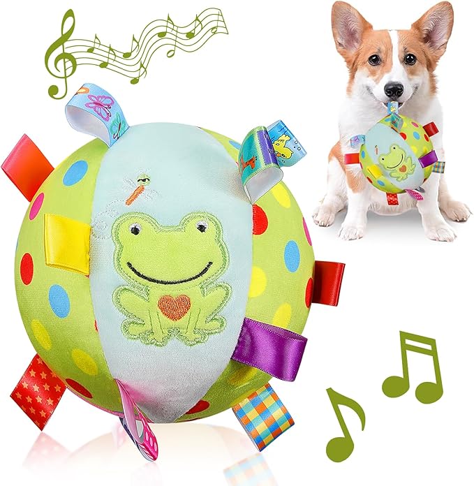 Dog Squeaky Plush Toy with Straps, 6-Inch Soft Stuffed Ball with Cotton Material and Bell Built-in, Pet Interactive Fetch Toy for Small to Large Dog-PawvioPets