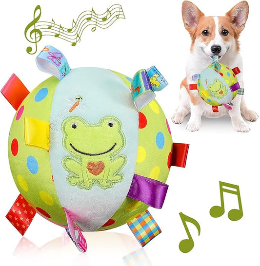 Dog Squeaky Plush Toy with Straps, 6-Inch Soft Stuffed Ball with Cotton Material and Bell Built-in, Pet Interactive Fetch Toy for Small to Large Dog-PawvioPets