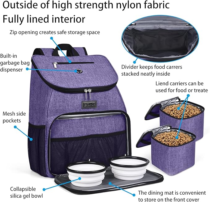 BAGLHER丨Dog Travel Bag, Airline Approved Pet Supplies Backpack, Dog Travel Backpack Accessories Set with 2 Silicone Collapsible Bowls and 2 Food Baskets. Purple-PawvioPets