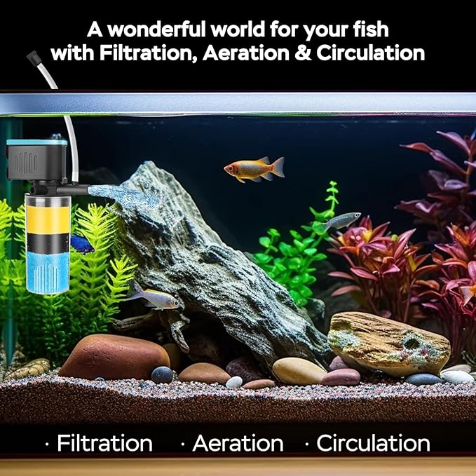 Aquarium Filter 3-Stage in-Tank Filter, Small Internal Fish Tank Filter, Submersible Pumps Filter for 5-20 Gallon Tanks, Turtle Tank Filter, with Dual Water Outlet & Aeration-PawvioPets
