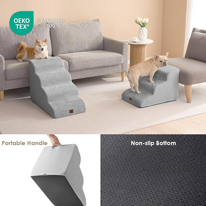 EHEYCIGA Curved Dog Stairs Ramp for Small Dogs 15.7" H, 3-Step Dog Steps for Couch Sofa and Chair, Pet Stairs for Cats, Non-Slip Balanced Pet Steps Indoor, Light Grey-PawvioPets