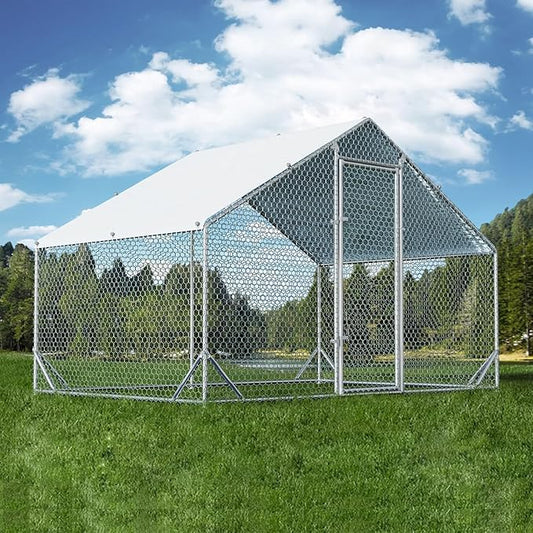 4ever2buy Large Metal Chicken Coop with Run Walk-in Poultry Cage Chicken Runs House Pen Cage Spire Roofed Chicken Coops with Anti-Ultraviolet Cover for Outdoor Backyard Farm Use 9.8’L x 6.6’W x 6.4’H-PawvioPets