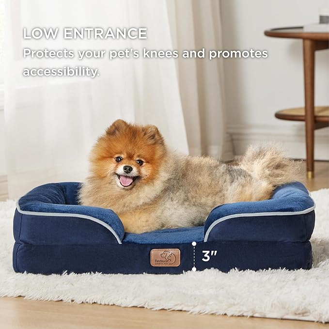 Bedsure Orthopedic Dog Beds for Small Dogs - Washable Small Dog Cat Bed Waterproof, Comfort Pet Couch Sofa with Washable Removable Cover, Pets Bed with Nonskid Bottom, Blue Navy, 24"-PawvioPets