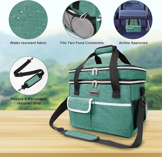 BAGLHER Dog Travel Bag for Supplies - Double-Layer Airline Approved Weekend Pet Travel Organizer Set for Dog and Cat Tote with 2 Pet Food Containers and 2 Collapsible Silicone Bowls Green-PawvioPets