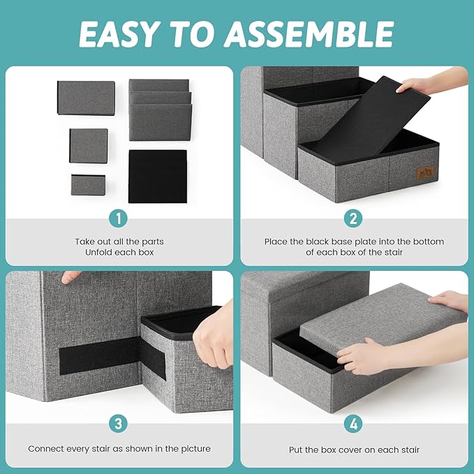 Dog Stairs with Storage, 3-Step Wider Sturdy Dog Steps for Small/Medium/Large Dogs and Older Cats, Folding Doggie Ramp for Bed/Couch/Car Hold Up to 180 lbs (16.7" H, Grey)-PawvioPets