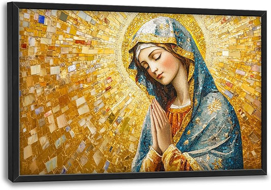 Extra Large Virgin Mary Framed Wall Art for Living Room,Oversized Golden Christian Religious Pictures Wall Decor,Canvas Print Painting Modern Artwork Bedroom Office Bathroom 36L" x 24W"-PawvioPets