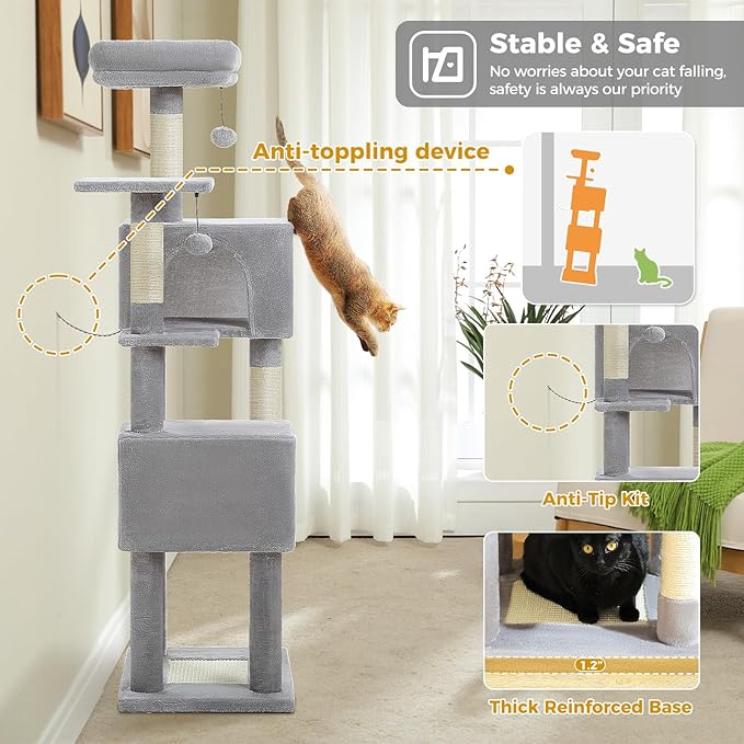 62-Inch Cat Tree for Indoor Cats, Large Cat Tower with Scratching Posts for Large Cats, 2 Bigger Plush Condos, Padded Platform, Soft Cat Bed and Scratching Pad, 2 Pompoms, Gray-PawvioPets