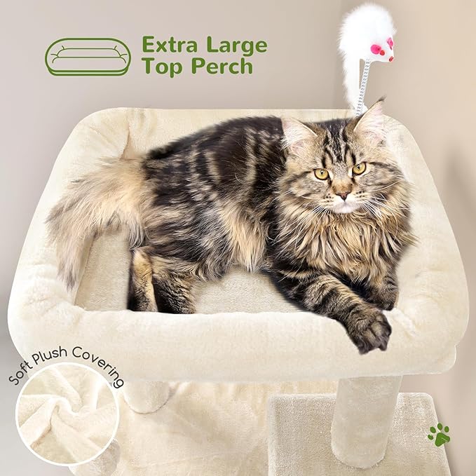 Globlazer Cat Tree Tower for Indoor Cats, 50-inch Adult Cat Tree House for Large Adult Cats with Steps, Scratching Post, 2 Cat Caves, Dangling Toys, FC50, Beige-PawvioPets