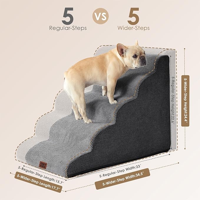 EHEYCIGA Curved Dog Stairs Ramp for High Beds, 5-Step Extra Wide Dog Steps for Small Dogs and Cats, Pet Stairs for High Bed Climbing, Non-Slip Balanced Pet Step Indoor, Grey-PawvioPets
