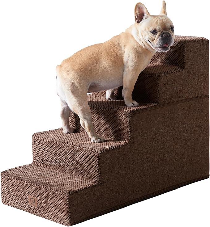 EHEYCIGA Dog Stairs for High Bed 22.5" H, 5-Step Dog Steps for Bed, Pet Steps for Small Dogs and Cats, Non-Slip Balanced Pet Ramp Indoor, Brown-PawvioPets