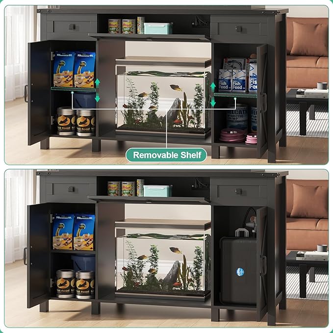 55-75 Gallon Aquarium Stand With Charging Station, Farmhouse Fish Tank Stand, Reptile Tank Stand Terrarium Stand with Drawer and Cabinet Storage, Sturdy Heavy Duty 53.5"×19.7" Tabletop - Black-PawvioPets