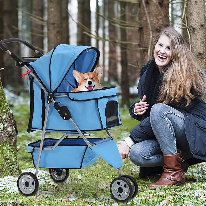 Dog Stroller,3 Wheels Travel Folding Pet Stroller for Small Medium Dog Cat Jogger Stroller with Storage Basket Removable Liner Blue-PawvioPets