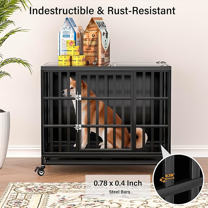 38 inch Heavy Duty Dog Crate with Self-Locking Latch, Indestructible Steel Large Kennel with Enclosed Design, Chew-Proof and Escape-Proof Pet Cage for High Anxiety Dogs-PawvioPets