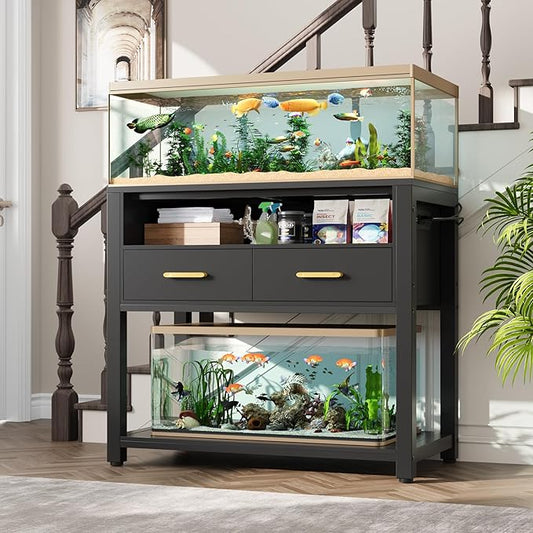 40-50 Gallon Aquarium Stand with Stable Metal Frame & Power Outlet, Heavy-Duty Fish Tank Stand with Waterproof Mat, 800LBS Capacity Storage Cabinet, Suitable for Turtle Tank, Reptile Terrarium, Black-PawvioPets