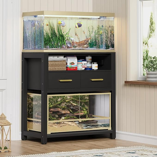 20-29 Gallon Aquarium Stand with Power Outlet & 2 Storage Drawers, Heavy Duty Metal Frame Fish Tank Stand with Waterproof Mat, 30.7" L*15.7" W Tabletop, 550LBS Capacity, Black-PawvioPets