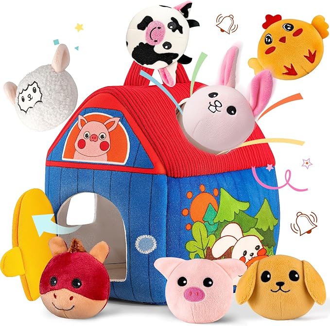Baby Toys 6-12 Months, Barn with Stuffed Farm Animals, Montessori Toy for Babies, Sensory Toys for Toddlers 1-3, Portable Baby Farmhouse Toy, Birthday Gift for Infants & Toddlers-PawvioPets