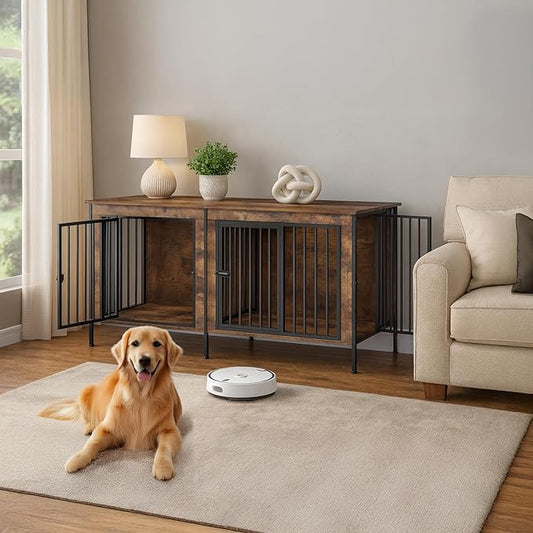 Dog Crate Furniture 78" for 2 Dogs Sturdy Heavy Duty Dog Kennel Solid Metal Tube Thick Wooden with 3 Lockable Doors XXL Double Dog Cage Large Breed as End Table for Large Dogs Rustic Brown-PawvioPets