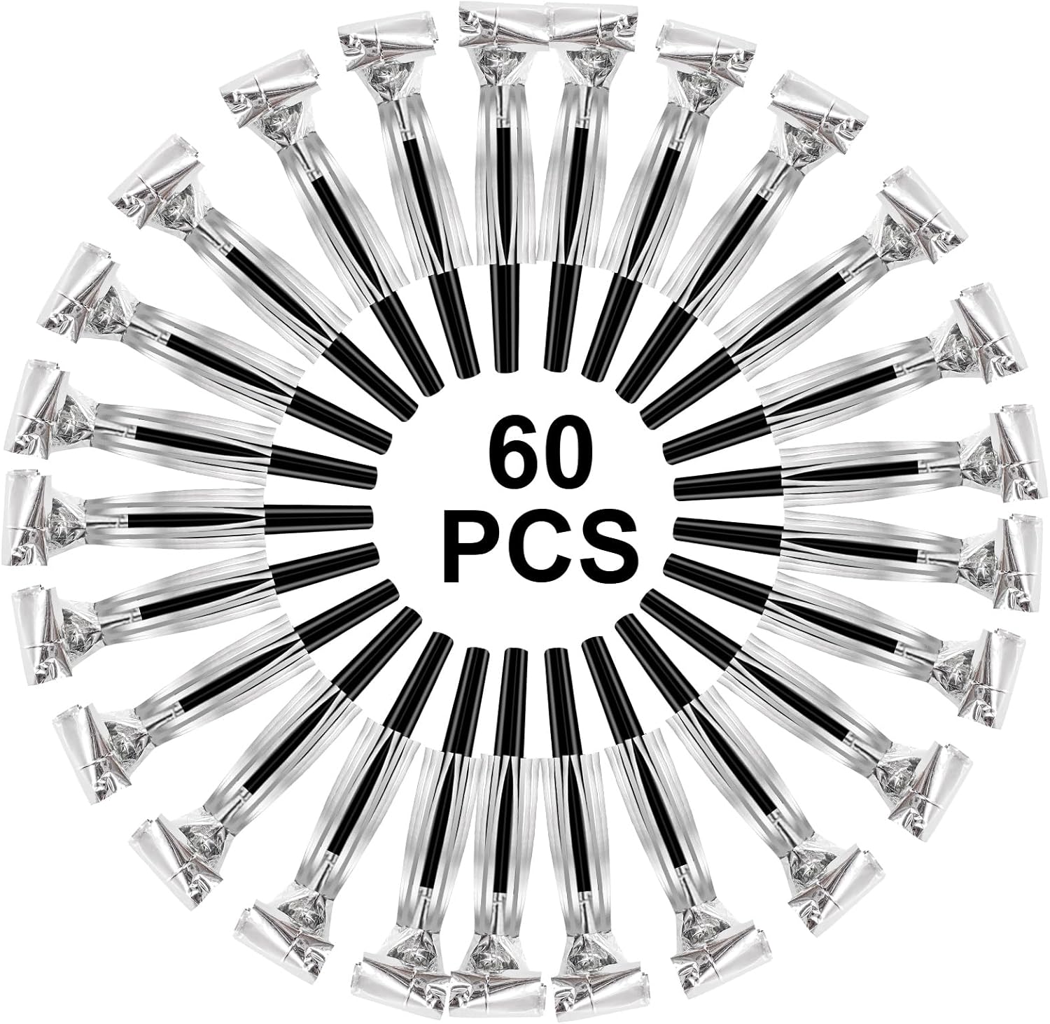 60 Packs Silver Noise Makers, Metallic Fringed Party Blowers, Horns Musical Blowouts Whistles for Birthday Party, Sporting Events, Graduation, Party Favor Supplies Adults