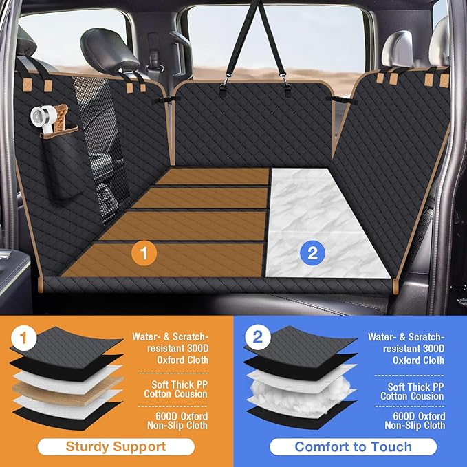 Dog Car Seat Cover for Back Seat, Dog Car Bed Cover with Strong Hard Bottom, Car Back Seat Extender Hammock for Car SUV Truck,4 Panels Black Large Size-PawvioPets