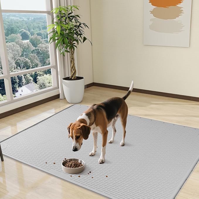 Dog Food Mat, Extra Large 50" x 35" Silicone Pet Feeding Mat with Raised Edge Pet Placemat for Small, Medium, and Large Pets Non-Slip, Easy to Clean (Grey)-PawvioPets