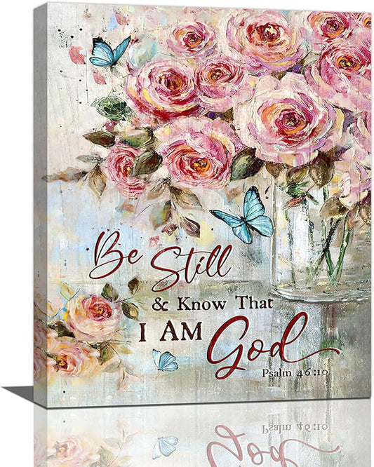 Farmhouse Rose Wall Art Christian Scripture Pictures Pink Rose Wall Decor Rustic Floral Butterfly Canvas Print Painting Artwork for Bathroom Living Room Bedroom 16"x20"-PawvioPets