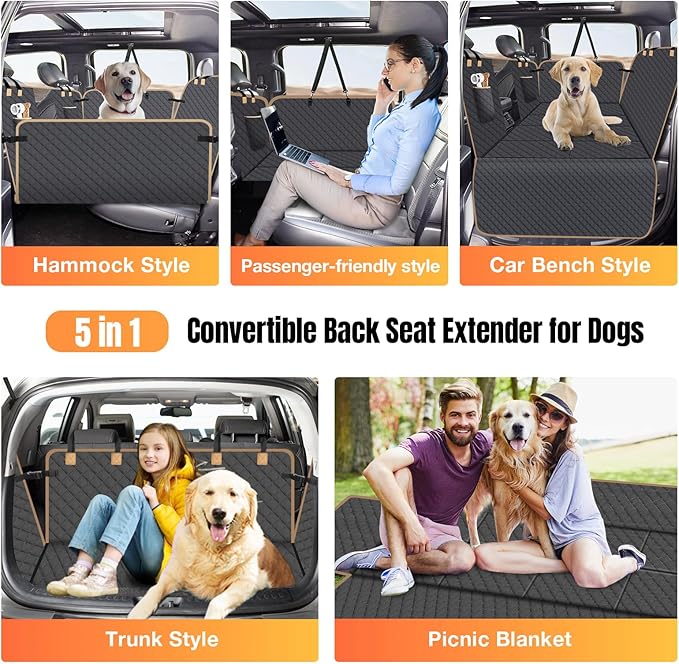 Dog Car Seat Cover for Back Seat, Larger Dog Car Bed Cover with Hard Bottom, Backseat Extender Hammock for Full SizeTruck/SUV 8 Panels - Black-PawvioPets