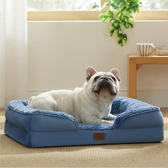 Bedsure Orthopedic Dog Bed Medium Size Dogs - Washable Medium Dog Cat Bed Waterproof, Comfort Pet Couch Sofa with Washable Removable Cover, Pets Bed with Nonskid Bottom, Plush-Blue, 28"-PawvioPets