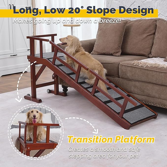 Dog Ramp for Bed or Couch, Wooden Pet Ramp with 20° Gentle Slope, Removable Side Rails, Non-Slip Surface, Top Platform & Wheels, Safe Bed Ramp for Small, Medium & Senior Dogs, 60" Long, Mahogany-PawvioPets