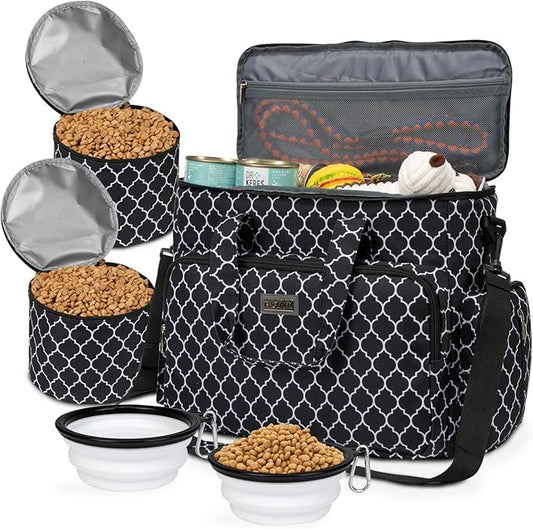 BAGLHER Dog Travel Bag, Pet Travel Bag (ALL Pet Travel Supplies), With 2 Pet Food Containers and 2 Collapsible Silicone Bowls; Essential Kits for Pet Travel DLblack-PawvioPets