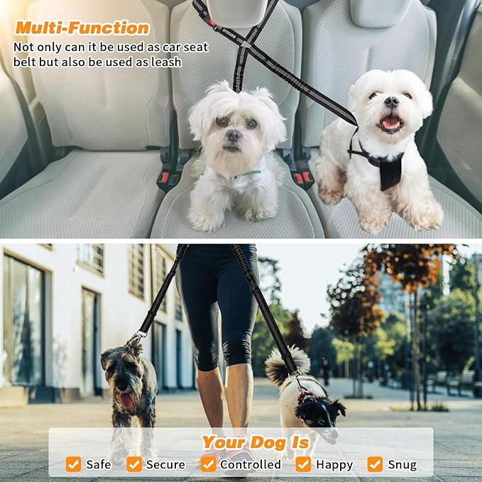 BWOGUE Double Dog Cat Seat Belts, Car Headrest Restraint Adjustable Travel Leash,Safety Elastic Leads Splitter Connect Vehicle Seatbelt Harness for 2 Dogs-PawvioPets