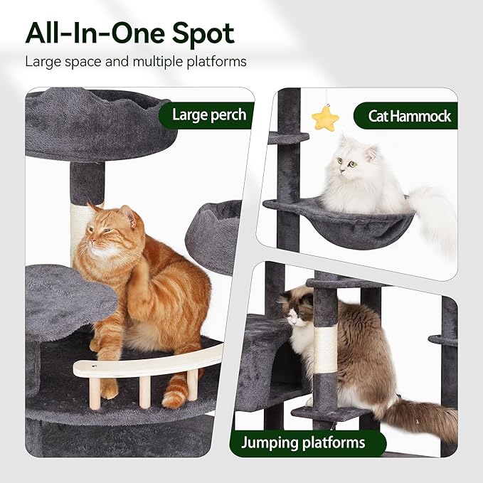 85in Giant Cat Tree for Heavy Duty Big Cats, Large Cat Trees with Scratching Post, Cat Tree Tower with Cat Condos, Hammock & Plush Perch for Maine Coon, Smoky Gray-PawvioPets