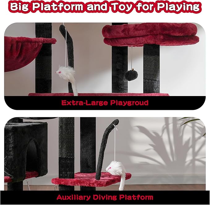 Gothic Cat Tree, Cat Tower for Large Cats with 2 Big Platforms, 2 Baskets, condo and Toys, 63" Cat Scratching Posts for Indoor Cats, Black and red GCT020BR-PawvioPets