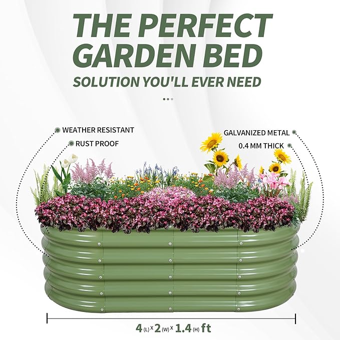 1MORE Galvanized Raised Garden Bed- Planter Garden Boxes Outdoor, Raised Beds for Gardening, 4x2x1.4ft Metal Garden Bed Kit for Vegetables Flower, Planter Raised Bed with Protective Tape & Tools.Green-PawvioPets
