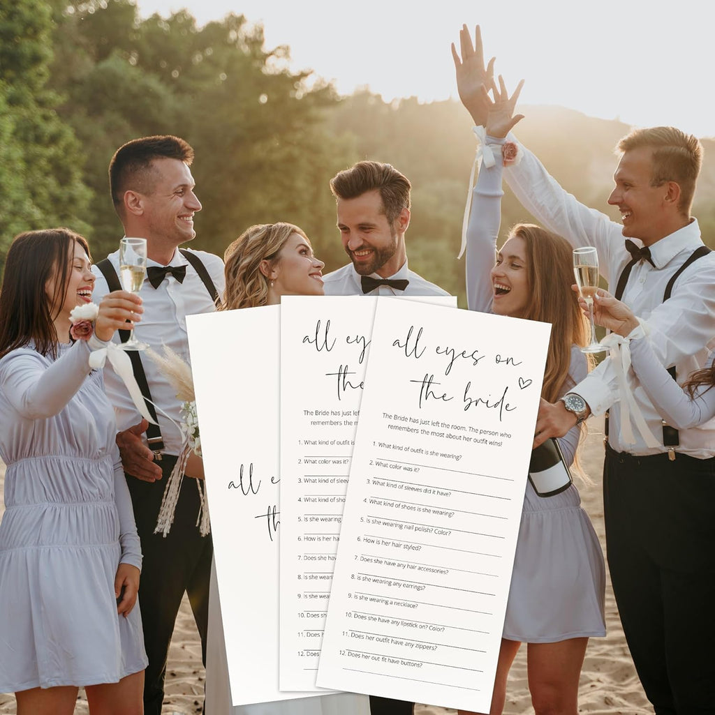Bridal Shower Games, All Eyes On The Bride, 25Pcs 4x9inch Minimalist White Double-Sided Bridal Game Cards, Wedding Shower Games for Guests, Engagement Bachelorette Party Supplies - A20