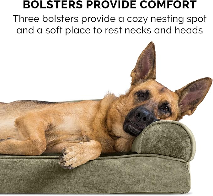 Furhaven Cooling Gel Dog Bed for Large Dogs w/ Removable Bolsters & Washable Cover, For Dogs Up to 125 lbs - Faux Fur & Velvet Sofa - Dark Sage, Jumbo Plus/XXL-PawvioPets