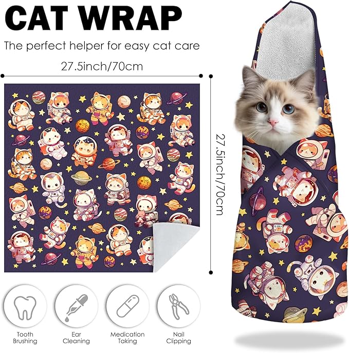 27.6" Cat Grooming Wrap, Self Adhesive Cat Wrap for Cutting Nails, Anti-Escape Calming Cat Swaddle Wrap for Medicine Ear Cleaning, Anti-Scratch Cats Burrito Restraint Blanket, Practical Pet Tool-PawvioPets