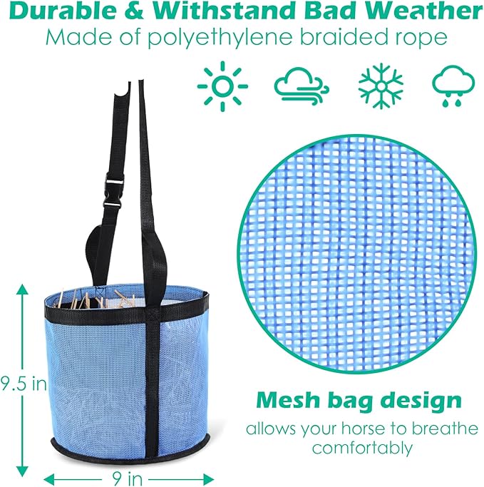 2 Pcs Horses Feed Horse Bag for Grain Hay Bags Heavy Duty Mesh Horse Feeder with Adjustable Strap Comfort Neck Pad Nose Pad and Waterproof Bottom Muzzle(Blue)-PawvioPets