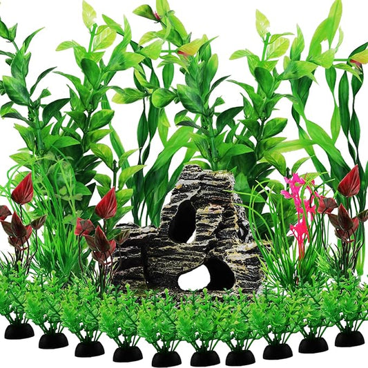 Fish Tank Accessories Aquarium Decorations Rock Plants, 20pcs Green Fish Tank Decorations Plants and Cave Rock Decoration Decor Set, Fish Tank Decor, Aquarium Decor Plastic Plants-PawvioPets