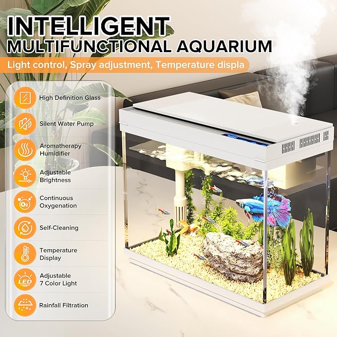 Fish Tank 2.4 Gallon Aquarium Kit with Humidifier 7-Color Auto-Looping 3 in 1 Quiet Pump with Filteration & Oxygenation & Circulation, Temperature Display, HD Glass-PawvioPets