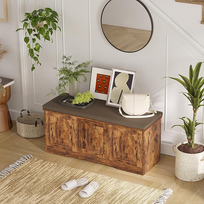 DINZI LVJ Shoe Bench, Entryway Storage Bench with Doors, Cushion, 2-Tier Shoe Rack with 6-Cubby, 39.4”L x 13.8”W Shoe Organizer Cabinet, Adjustable Shelf, Living Room, Bedroom, Rustic Brown-PawvioPets