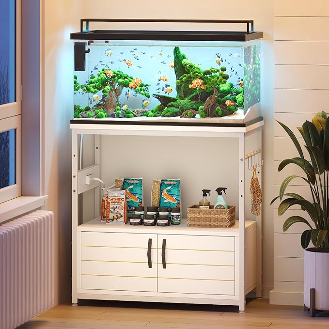 Bestier 20-29 Gallon Fish Tank Stand with Power Outlets, Metal Long Aquarium Stand with Storage Cabinet, 31x15 Reptile Terrarium Stand with Horizontal Gold Line, Stainless Hooks, 350 Lbs(White)-PawvioPets